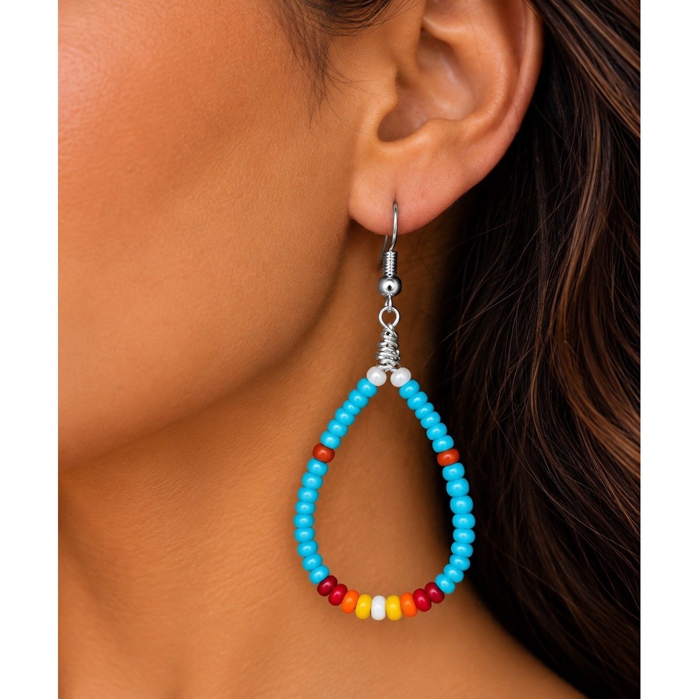 Womens Turquoise Blue Red Seed Bead Teardrop Dangle Earrings Boho Southwestern